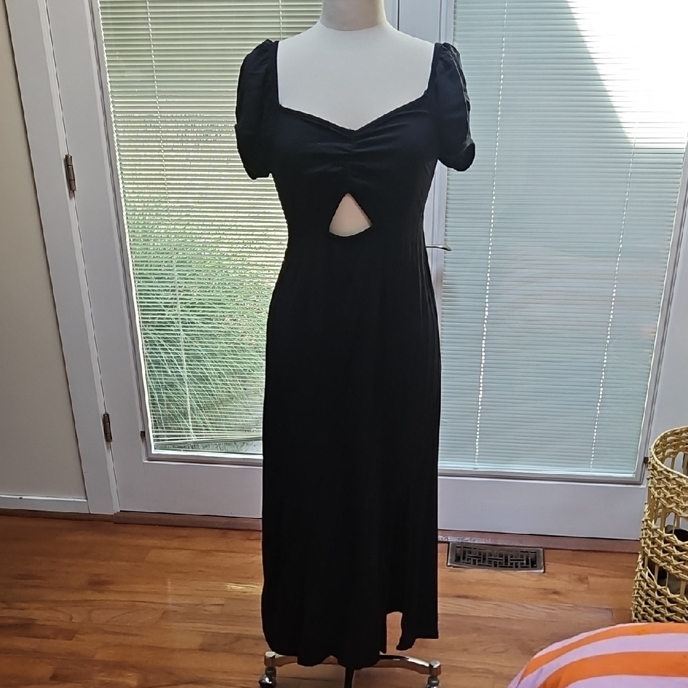 SO Black Midi Dress with Cut-Out and Puff Sleeves